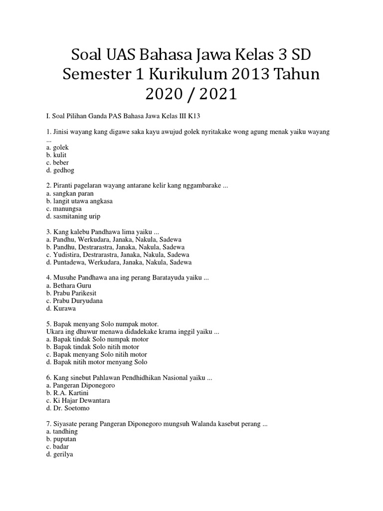 5 Cara Cepat Dapatkan Download Soal UAS Bahasa Jawa Kelas 3 SD Semester 1 Sekarang!