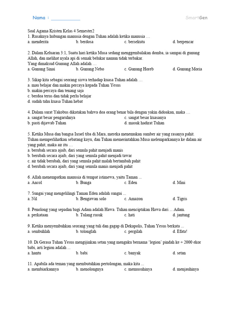 Soal Agama Kristen Kelas 4 Semester 2 PDF Soal Agama Kristen Kelas 4 Semester 2 PDF