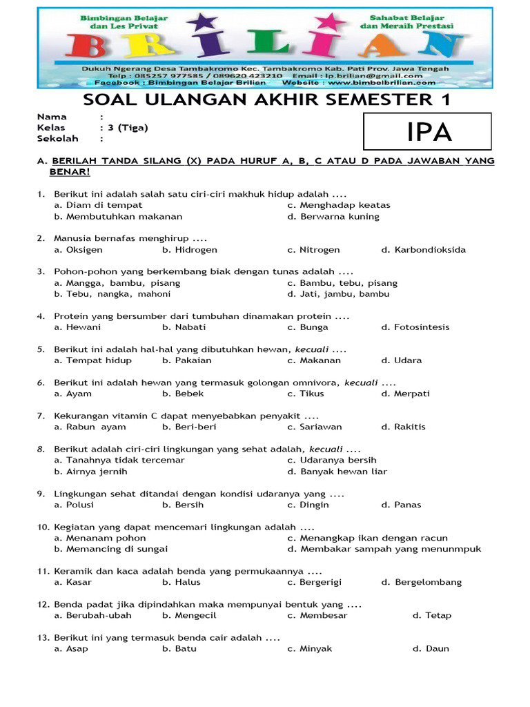 Akhirnya Ada Link Download Soal UAS Kelas 3 SD Semester 1 Kurikulum 2013 Lengkap dengan Kunci Jawaban