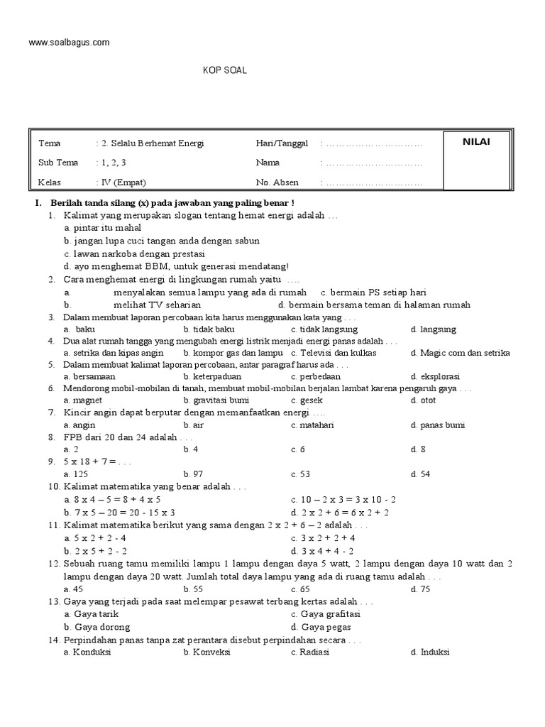 SOAL UTS TEMATIK KELAS 4 TEMA 2 SEMESTER 1 - K 13 pdf