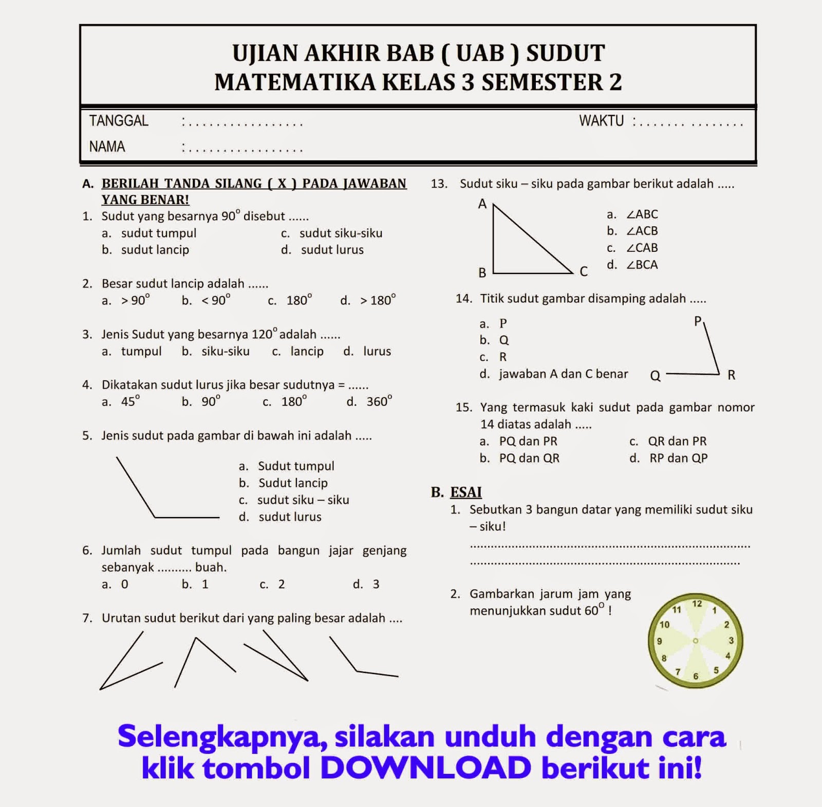 Akhirnya Tersedia Download Soal UAS Kelas 3 Semester 2 KTSP PDF Lengkap Semua Mapel untuk Persiapan Ujian Kenaikan Kelas
