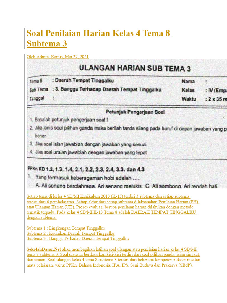 Download Soal Tematik Kelas 4 Tema 8 Sub Tema 3 Terbaru 2026 Lengkap Kunci Jawaban dan Pembahasan