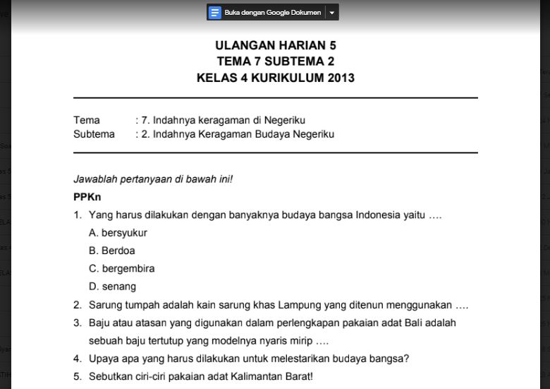 Soal Ulangan Harian K13 Kelas 4 Tema 7 Subtema 2 - Made Edukasi