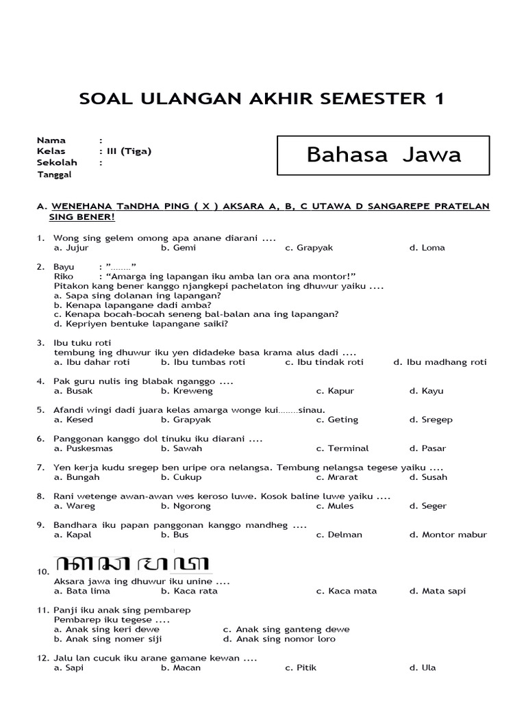 Download Soal UAS Bahasa Jawa Kelas 3 SD Semester 2 Terbaru 2026 Lengkap Kunci Jawaban