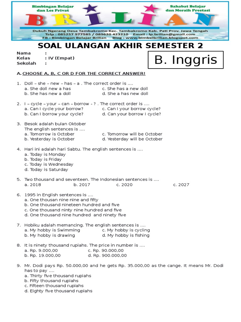Bahasa Inggris Kelas 4 Semester 2 - Soal Jawaban Bahasa Inggris Kelas 4 Semester 2 - Soal Jawaban