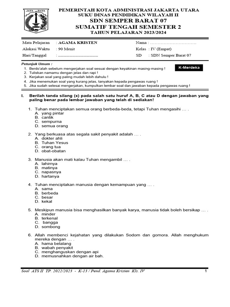 Soal Agama Kristen Kelas 4 Semester 2 PDF Soal Agama Kristen Kelas 4 Semester 2 PDF