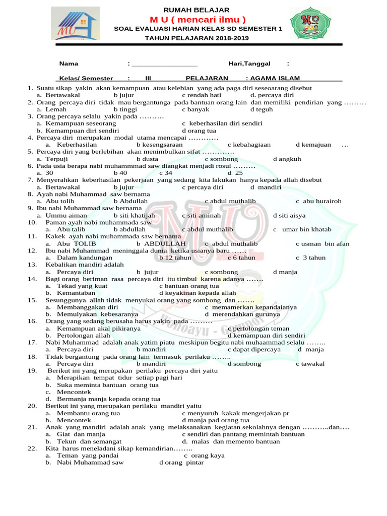 Wajib Tahu! Ini Kumpulan Contoh Soal Agama K13 Kelas 3 Semester 2 Terbaru Agar Nilai Maksimal